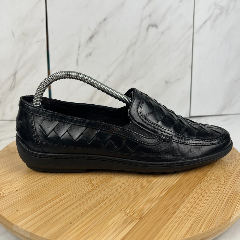 Bragano Mens Size 8M Black Leather Italian Crafted Woven Slip On Loafers Shoes